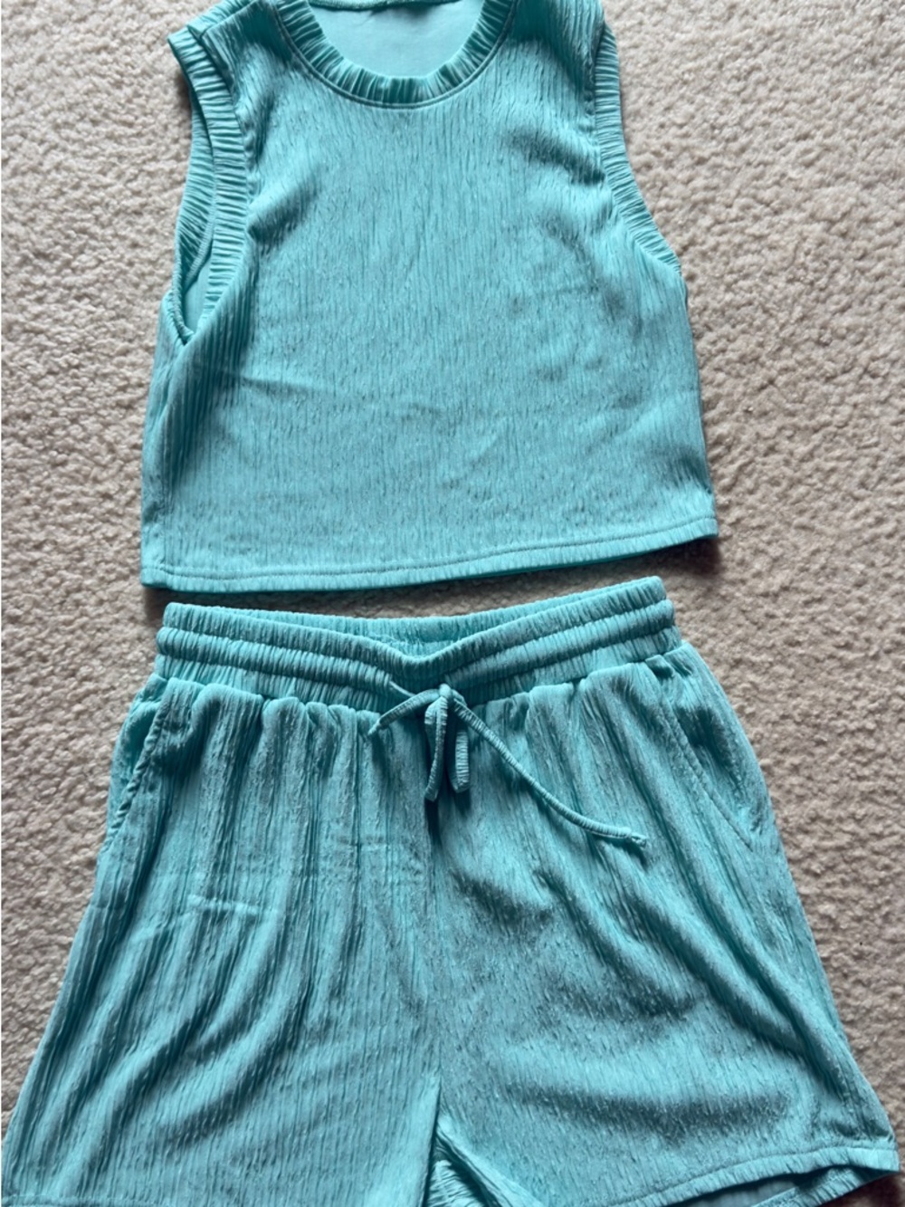 Light Aqua Ribbed Tank and Drawstring Shorts Set